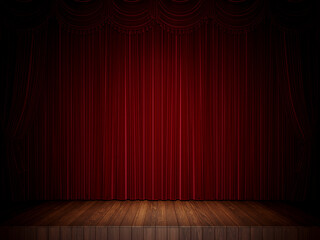 3d rendering of closed velvet curtains and wooden stage floor