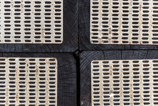 Close up of railway ties or sleepers in a train yard