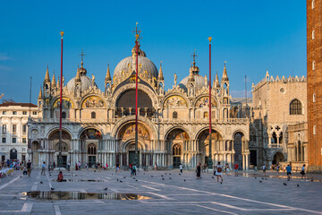 St. Mark's square with iconic sights of St. Mark's basilica in Venice, Italy