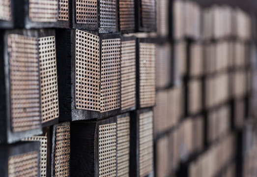 Stacked railway ties or sleepers in a train yard