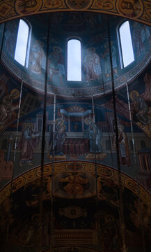 Dome windows shines interior full of fresco of Jovan Vladimir church/first Serbian Saint.