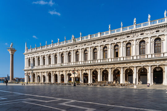 Marciana Library of Saint Mark renaissance style facade in Venice, Italy