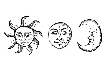 Hand drawn mystic retro sun and moon vector illustration