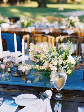table settings with blue runner