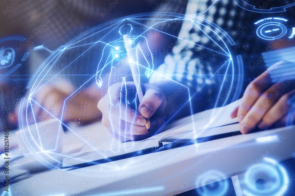 Aufkleber Man's hands working with notes background. Modern computer record diagram with virtual mnitor.