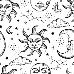 Mystic beautiful hand drawn seamless pattern with sun, moon, stars, sky and galaxy vector