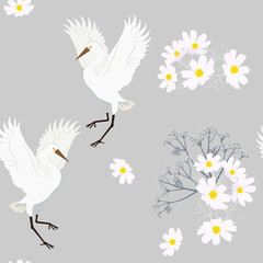 Seamless vector illustration with birds cranes and kosmey flowers