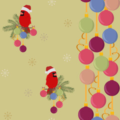 Seamless vector Christmas illustration with a cardinal bird and New Year balls.