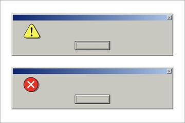 Old computer window with blank error message set. Retro pc interface with problem or glitch, vintage web browser alert, software system bug. 90s screen vector illustration. Program failure