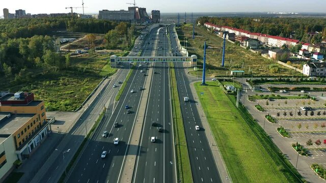 Aerial view of Kaluzhskoye highway near Gazoprovod district, Troitsky Administrative Okrug of Moscow, Russia