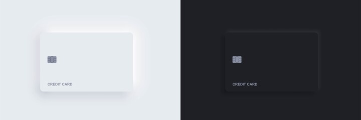 Plastic bank credit card templates with chip and shadow. Realistic white and black isolated objects. Vector Neomorphism digital technology mockup. Contactless, wireless online payment concept. - obrazy, fototapety, plakaty