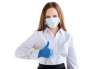 Like gesture. Covid-19 safe. Office woman. Good service. Back work. Business lady in protective mask gloves showing thumb up looking at camera isolated on white copy space.