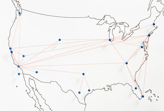Blue pins connected with red threads