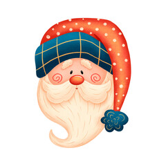 Illustration of cute cartoon Santa Claus in red hat isolated on white background. Santa Claus in Scandinavian style. Head of Santa Claus. Christmas gnome.