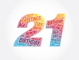 Happy 21st birthday word cloud, holiday concept background
