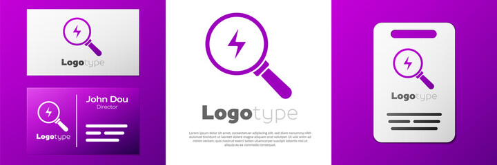 Logotype Magnifying glass with lightning bolt icon isolated on white background. Flash sign. Charge flash. Thunder bolt. Lighting strike. Logo design template element. Vector.