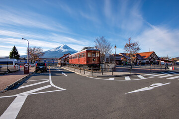 Kawaguchiko Station with Fuji mountain background in autumn morning, Fujikawaguchiko, Yamanashi, Japan