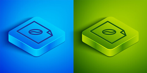 Isometric line Coffee poster icon isolated on blue and green background. Square button. Vector Illustration.