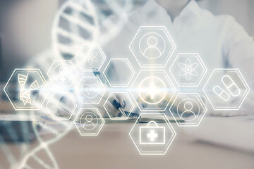 DNA theme hologram over woman's hands writing background. Concept of education. Double exposure