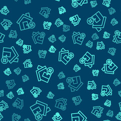 Green line House with wrong mark icon isolated seamless pattern on blue background. Home and close, delete, remove symbol. Vector Illustration.