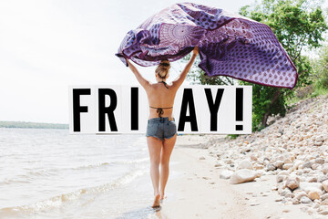 Friyay block letters over image of girl on beach