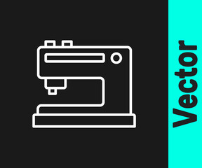 White line Sewing machine icon isolated on black background. Vector Illustration.