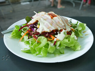 Close up vegetable salad and hamcheese