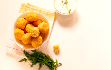 Flat lay small homemade ricotta cheese balls donuts