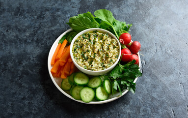 Roasted eggplant dip and fresh vegetables