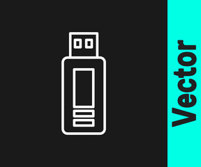 White line USB flash drive icon isolated on black background. Vector.