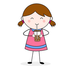 Doodle Girl Drink Boba Ice pink Illustration Cartoon Vector