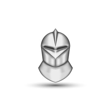 Medieval knight helmet realistic front view isolated on white background, vintage combat metal armor head protection, clip art 3d vector illustration