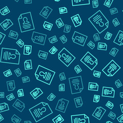 Green line Resume icon isolated seamless pattern on blue background. CV application. Searching professional staff. Analyzing personnel resume. Vector.
