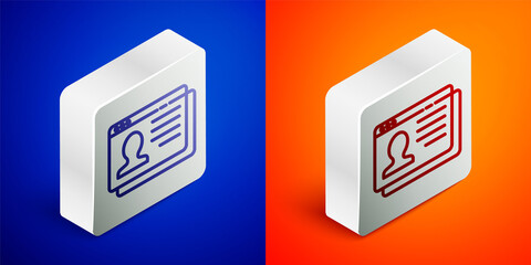 Isometric line Resume icon isolated on blue and orange background. CV application. Searching professional staff. Analyzing personnel resume. Silver square button. Vector.