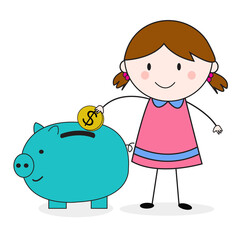 Doodle Girl Save Money on Piggy Bank pink Illustration Cartoon Vector