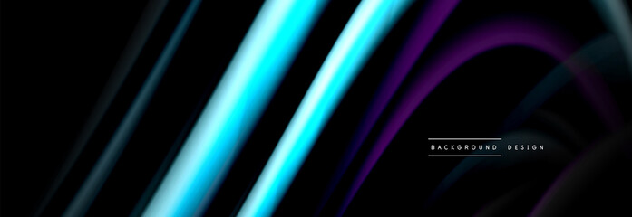 Dynamic motion abstract background. Color blurred stripes on black. Wave liquid lines poster. Vector illustration