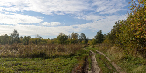Autumn walks through forests and fields, beautiful panorama.