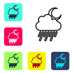 Black line Cloud with rain and moon icon isolated on white background. Rain cloud precipitation with rain drops. Set icons in color square buttons. Vector.