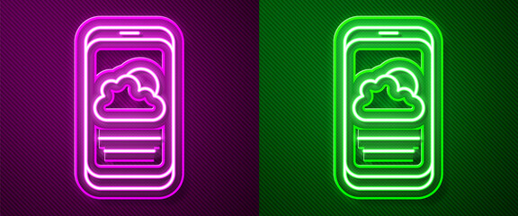 Glowing neon line Weather forecast icon isolated on purple and green background. Vector.