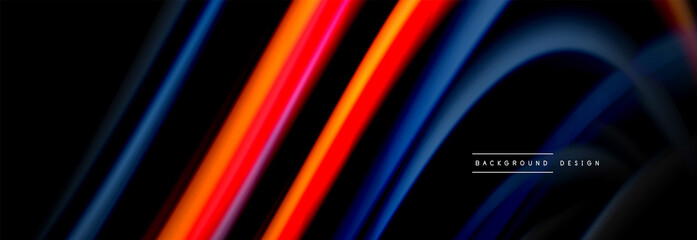 Dynamic motion abstract background. Color blurred stripes on black. Wave liquid lines poster. Vector illustration