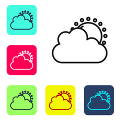 Black line Sun and cloud weather icon isolated on white background. Set icons in color square buttons. Vector.