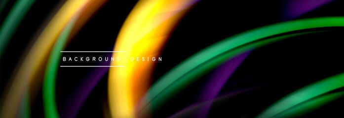 Dynamic motion abstract background. Color blurred stripes on black. Wave liquid lines poster. Vector illustration