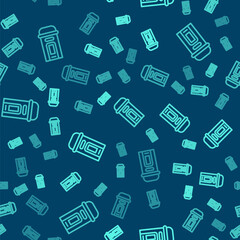 Fototapeta premium Green line London phone booth icon isolated seamless pattern on blue background. Classic english booth phone in london. English telephone street box. Vector.