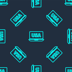 Green line USA United states of america on laptop icon isolated seamless pattern on blue background. Vector.