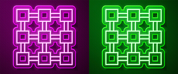Glowing neon line Blockchain technology icon isolated on purple and green background. Cryptocurrency data. Abstract geometric block chain network technology business. Vector.