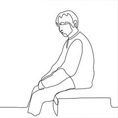 man sits sadly on the edge of the bed. one line drawing sleepy / tired man sitting with his back bent