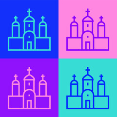 Pop art line Church building icon isolated on color background. Christian Church. Religion of church. Vector.