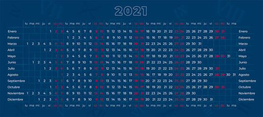Spanish calendar 2021 on deep blue background. 12 months line by line. Horizontal stock illustration