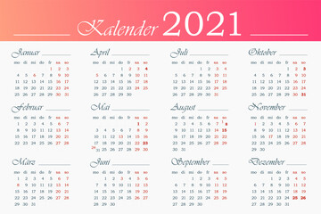 Landscape calendar 2021 year in german. 12 months with highlighted holiday events. Week starts on Monday. Horizontal stock calendar illustration