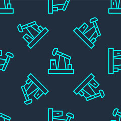 Green line Oil pump or pump jack icon isolated seamless pattern on blue background. Oil rig. Vector.